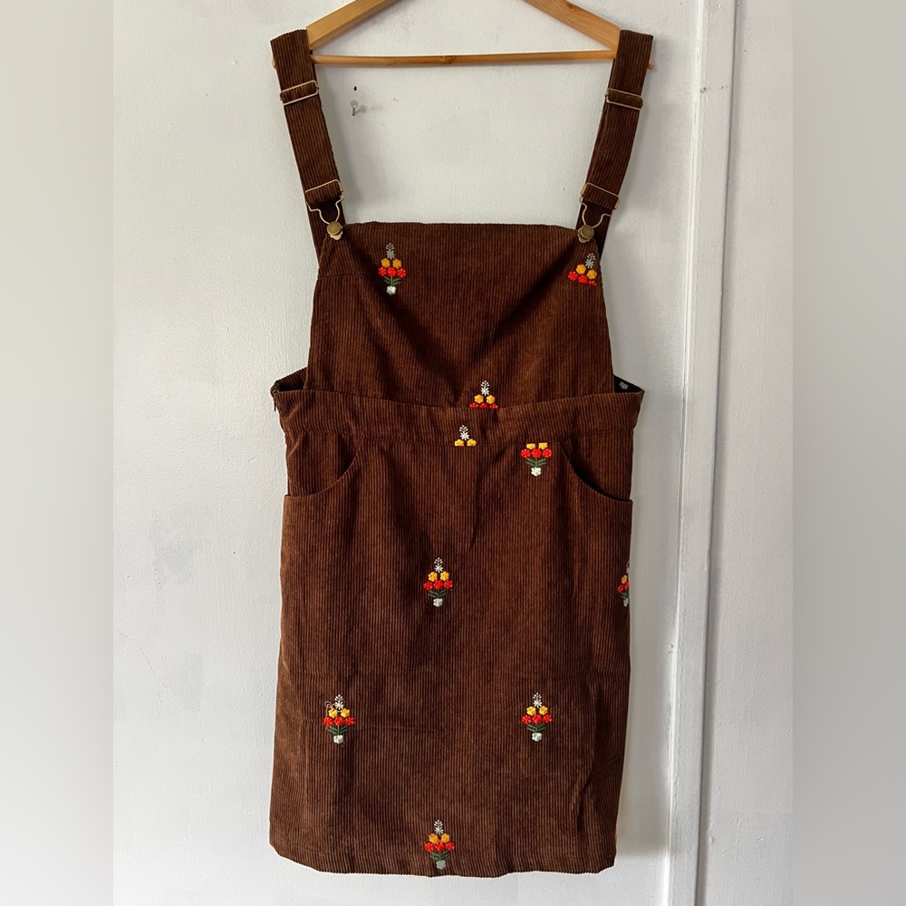 BloomChic Brown Corduroy Pinafore Dress with Floral Embroidery